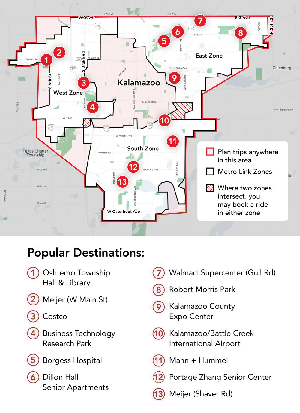 Map displaying Metro Link's three service zones with key points of interest.